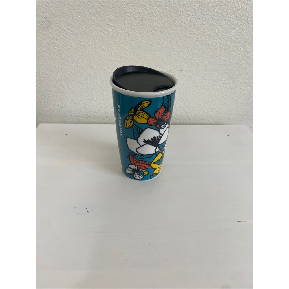 Starbucks Blue Poppy Flowers Ceramic Travel‎ Tumbler Mug 12oz Teal Blue Multi